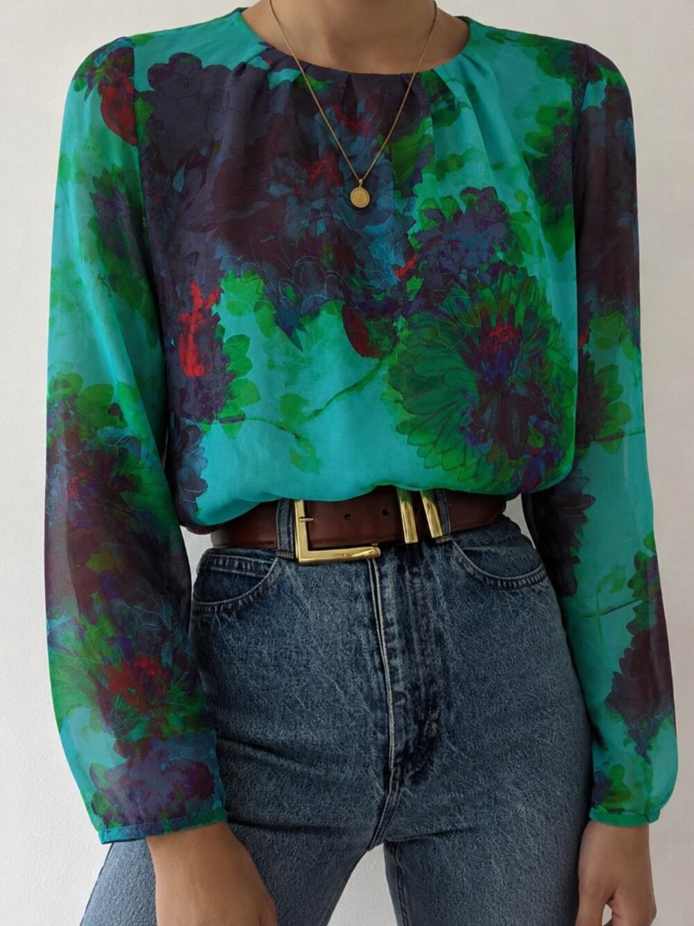 J. Crew Teal Floral Sheer Long-Sleeve Blouse